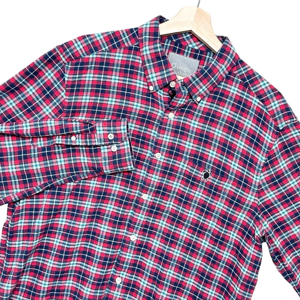 Simply Southern Men's Red Navy Plaid Flannel Button Down Shirt XL Cotton Layer - Picture 1 of 10